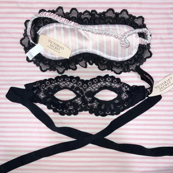 Victorias Secret Halloween 2 No Peeking Satin Lace Eye Masks Angel Black Pink - Picture 2 of 2